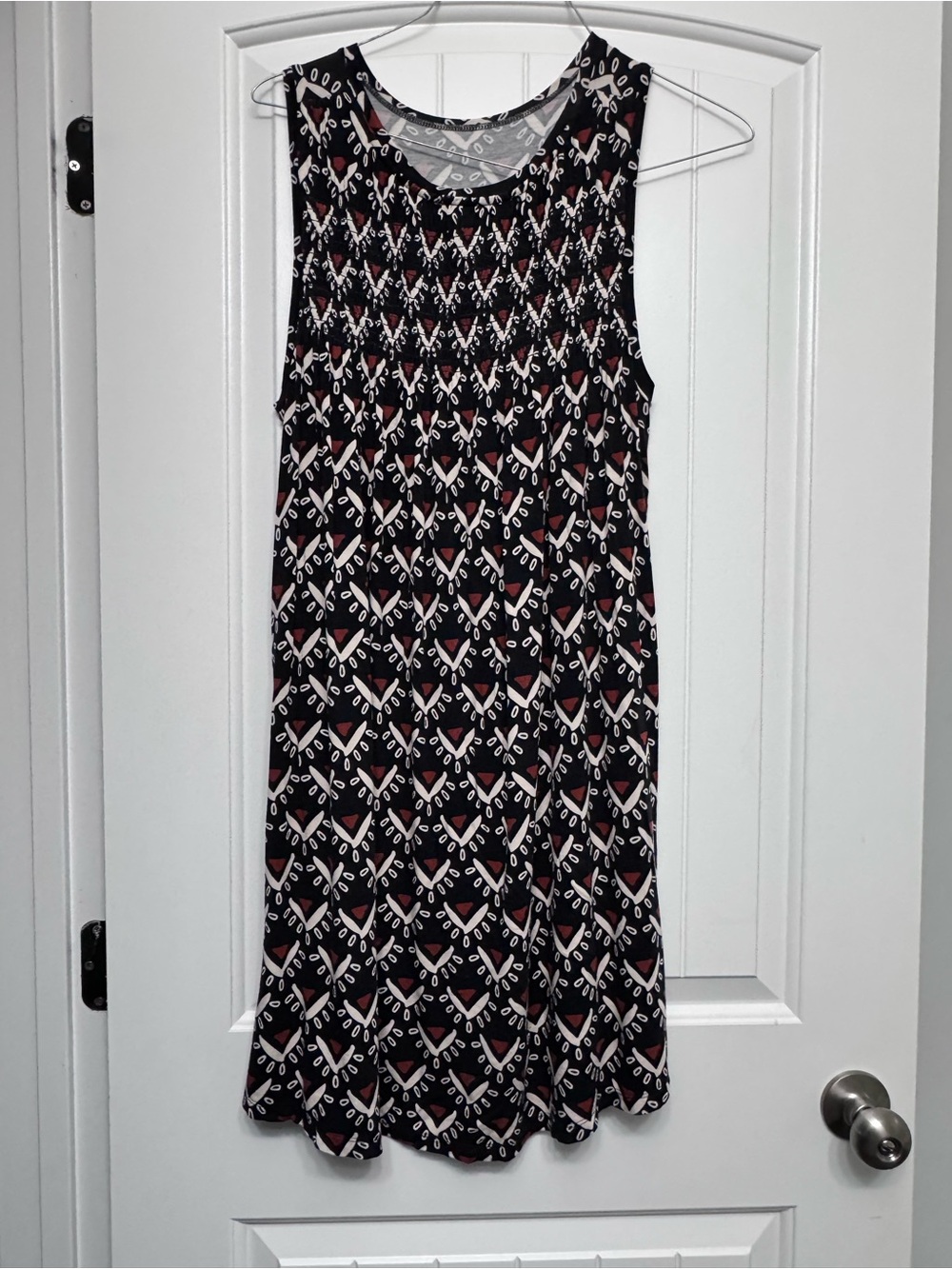 LOFT Black Sleeveless Geometric Dress with Brown and White Pattern